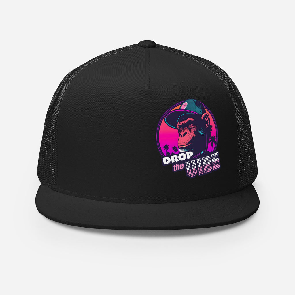 front view of black Monksee Drop the Vibe trucker hat on white background