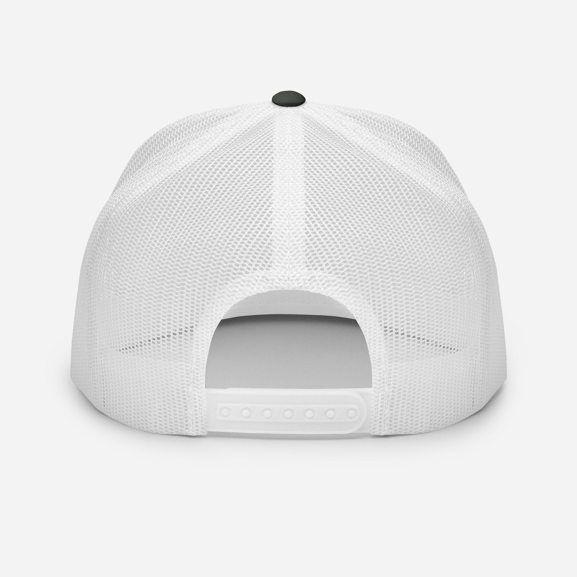 rear view of Monksee Drop the Vibe charcoal and white trucker cap on white background showing snapback