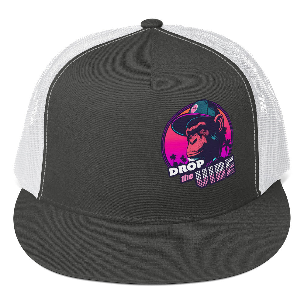 front view of charcoal and white Monksee Drop the Vibe trucker hat on white background