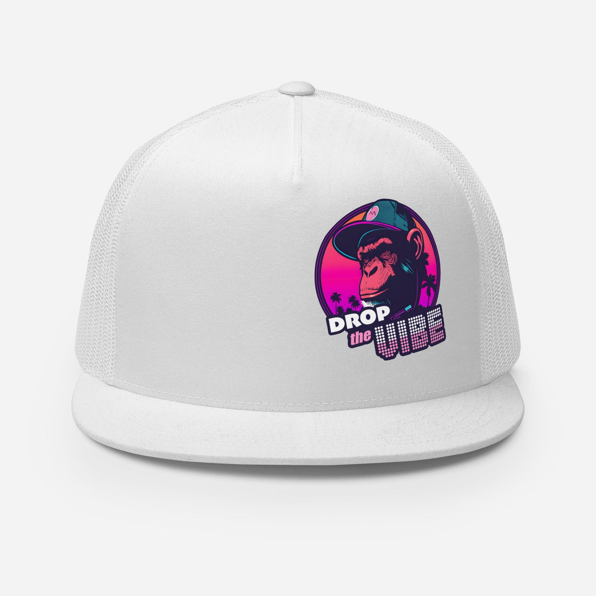 front view of white Monksee Drop the Vibe trucker hat on white background