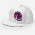 A white Monksee "Drop the Vibe" trucker cap with a mesh back, displayed flat against a white background, showing front and left side. The front features a graphic of a cap-wearing monkey against a sunset with palm trees, with "DROP the VIBE" in bold pink and white text below it. The back has a plain mesh panel with a snapback closure.