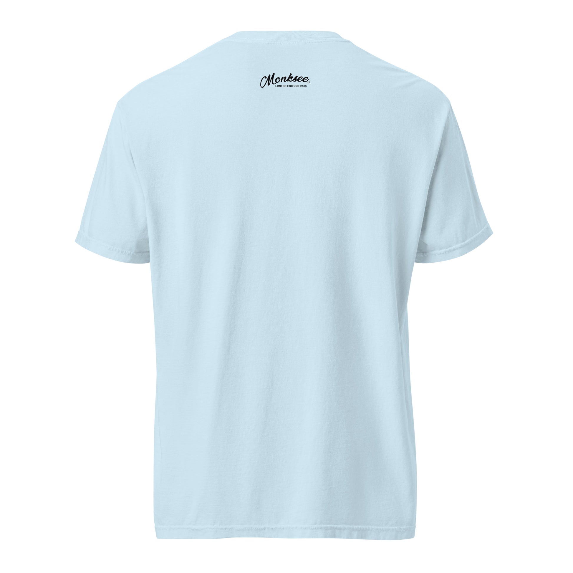 Light blue t-shirt with a brand logo on the back against a white background