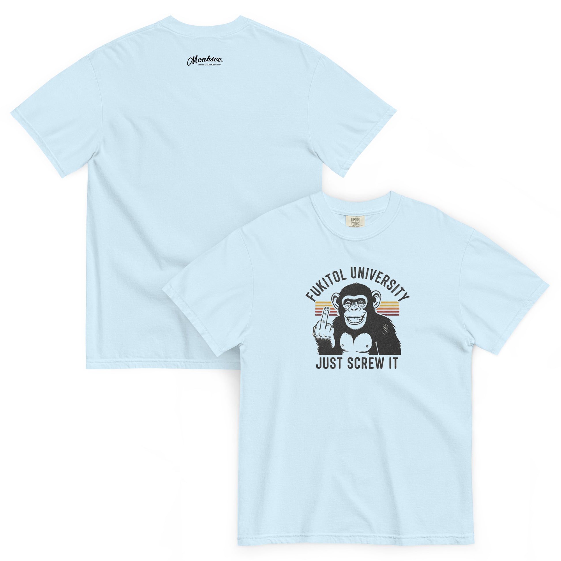 Light blue monksee fukitol university t-shirt with graphic design and text on a white background
