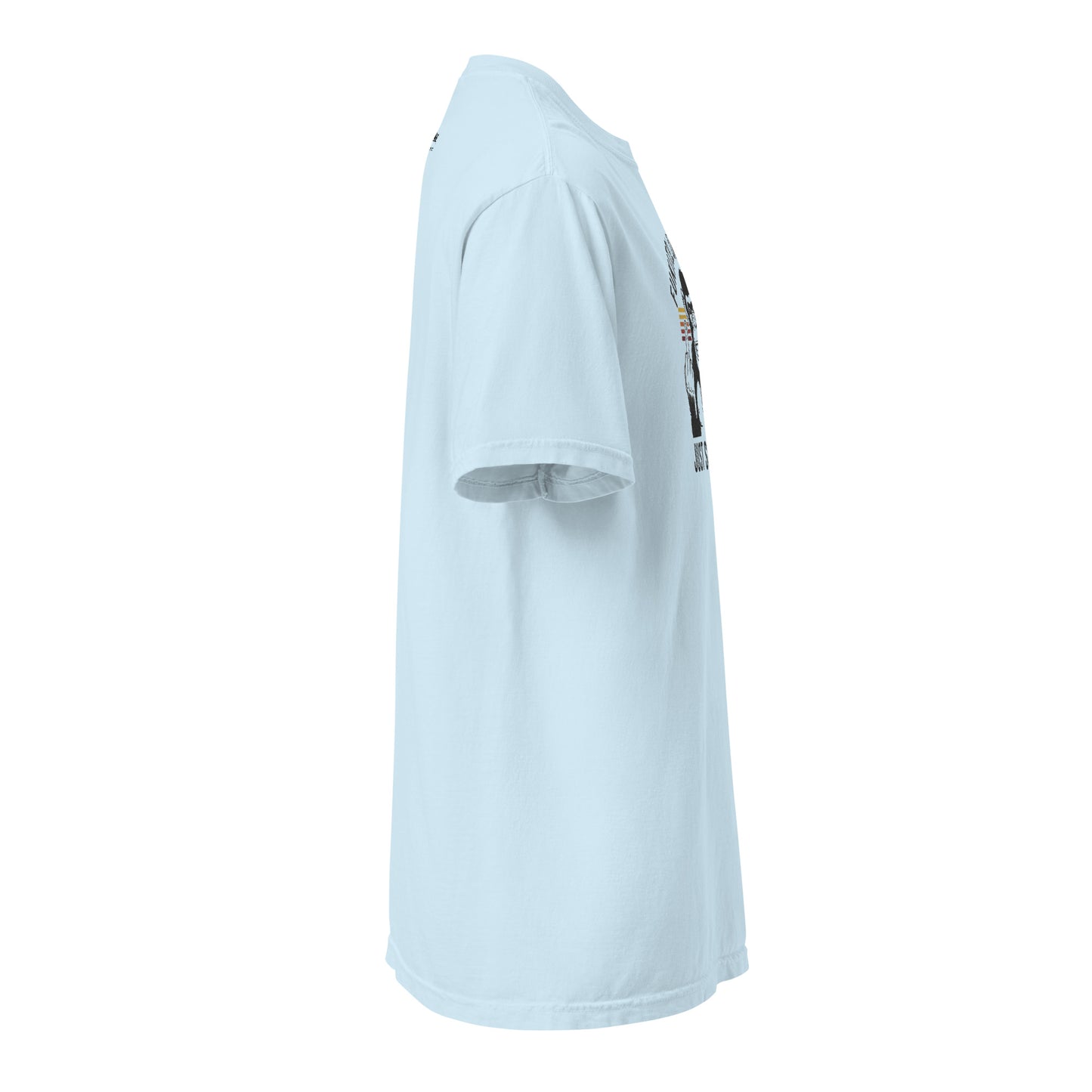 Light blue t-shirt with a small graphic on the sleeve against a white background