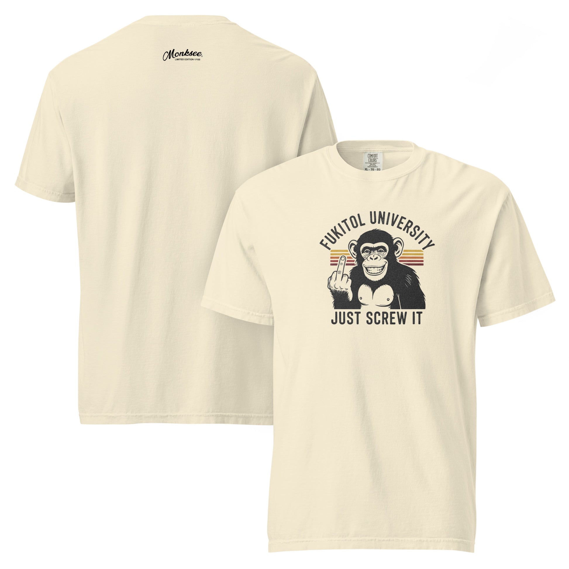 Ivory monksee t-shirt with graphic design and text on a white background