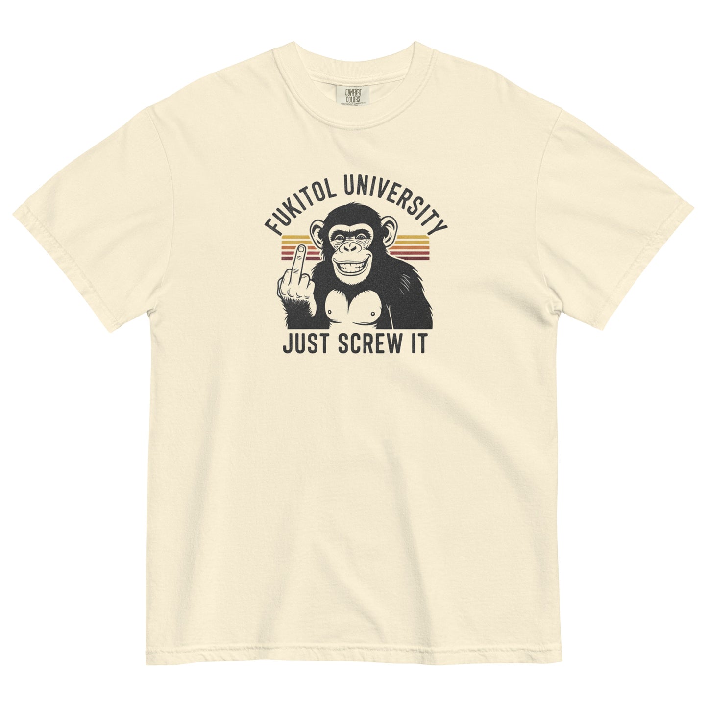 Ivory Monksee Fukitol t-shirt with a graphic of a monkey and text on a white background