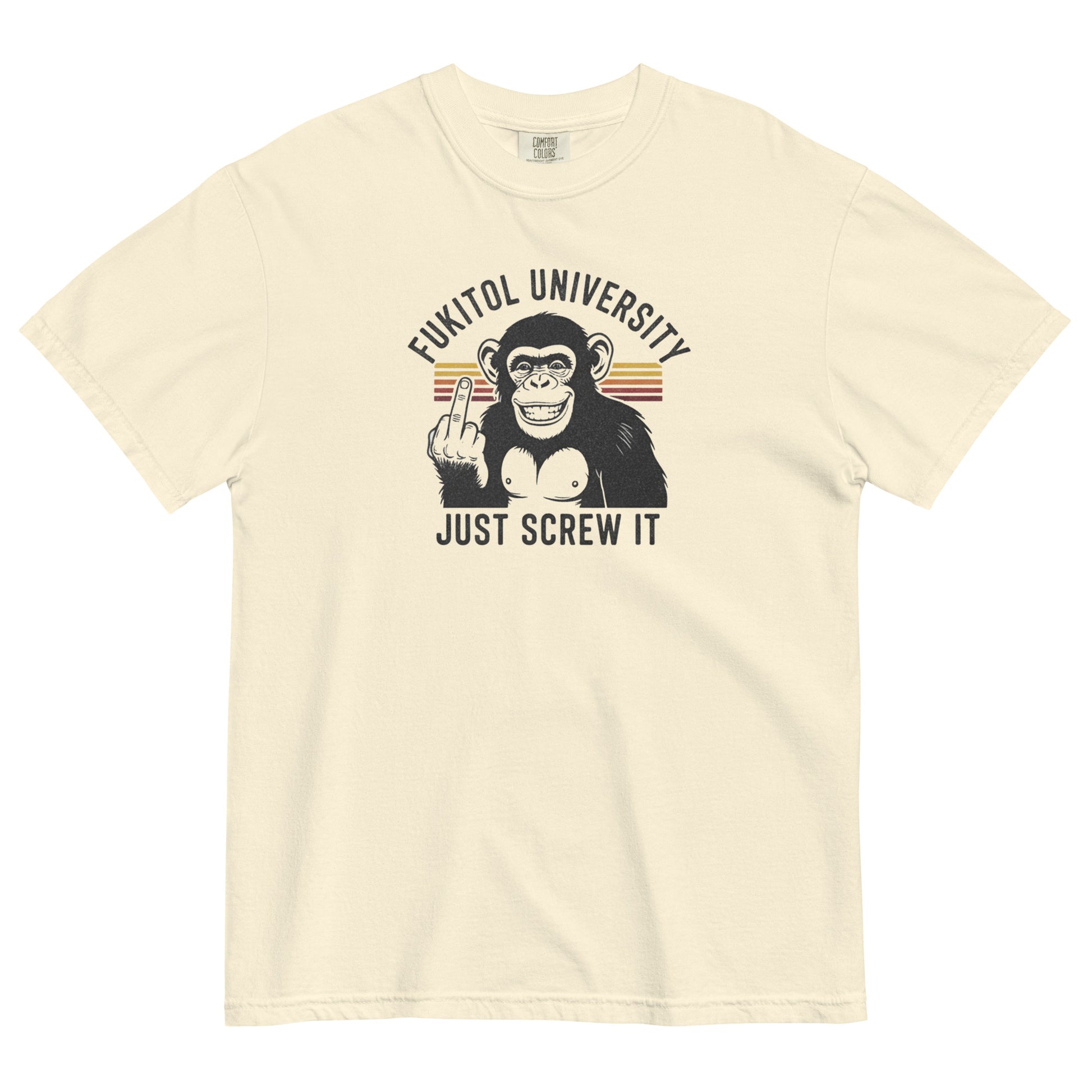 Ivory Monksee Fukitol t-shirt with a graphic of a monkey and text on a white background