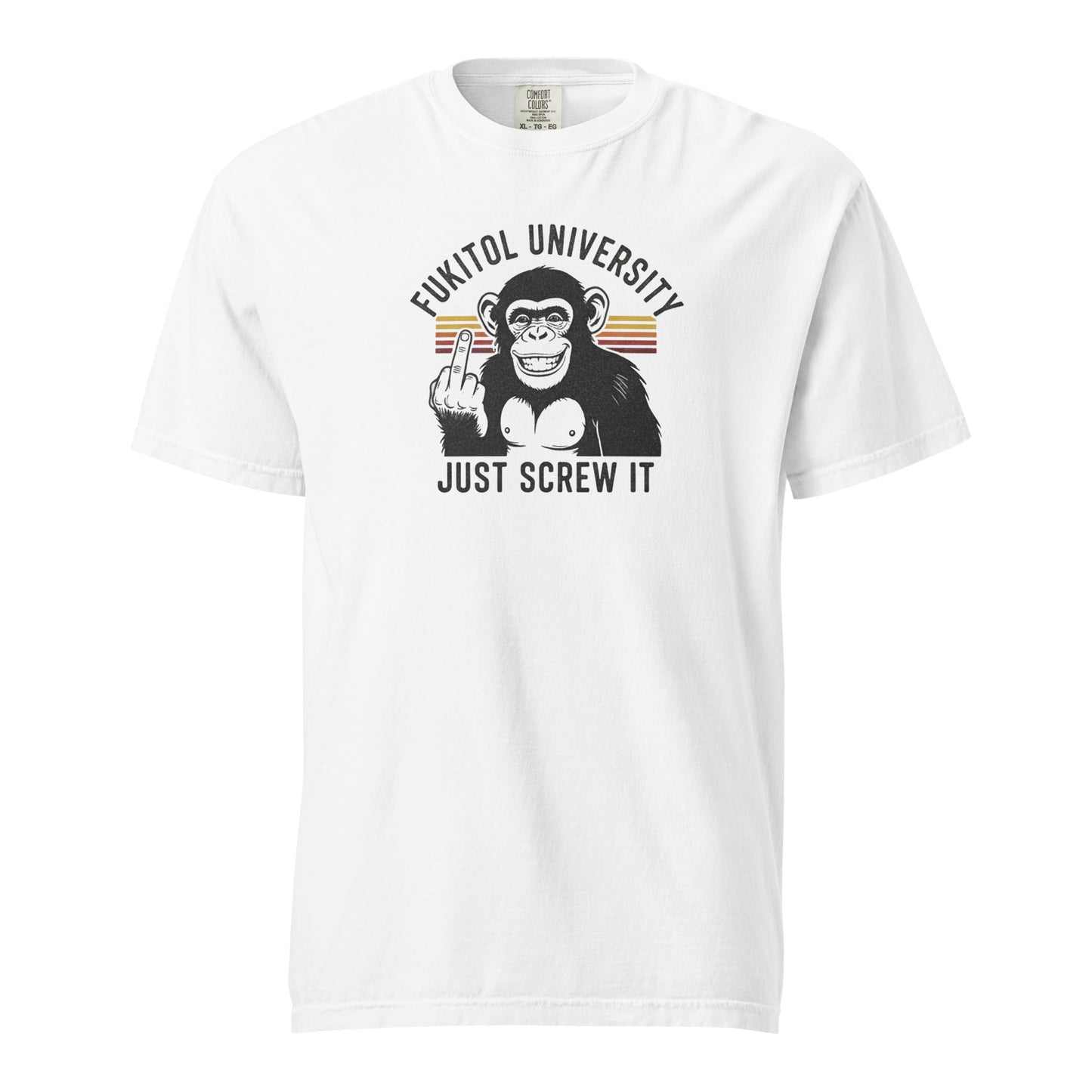 White monksee fukitol university t-shirt with graphic design and text on a white background