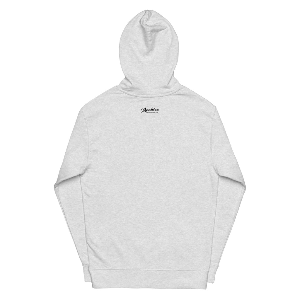 Gray Monksee FU hoodie with limited edition logo on a white background