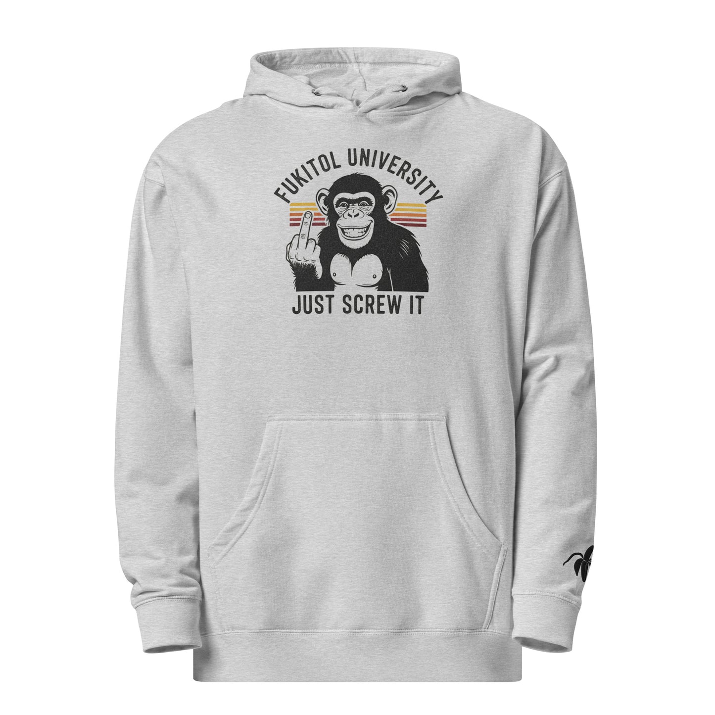 Gray hoodie with a graphic of a monkey and text on a white background