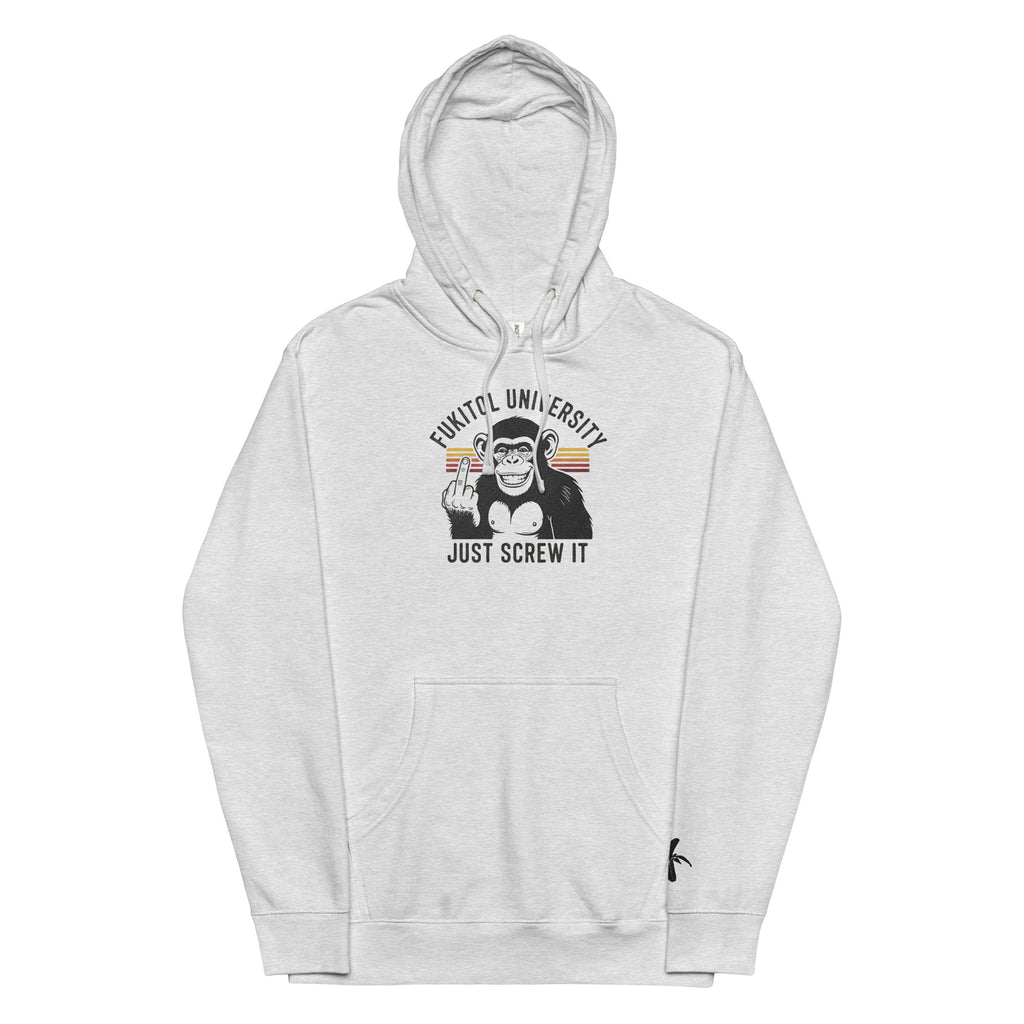 Gray hoodie with graphic design and text on a white background
