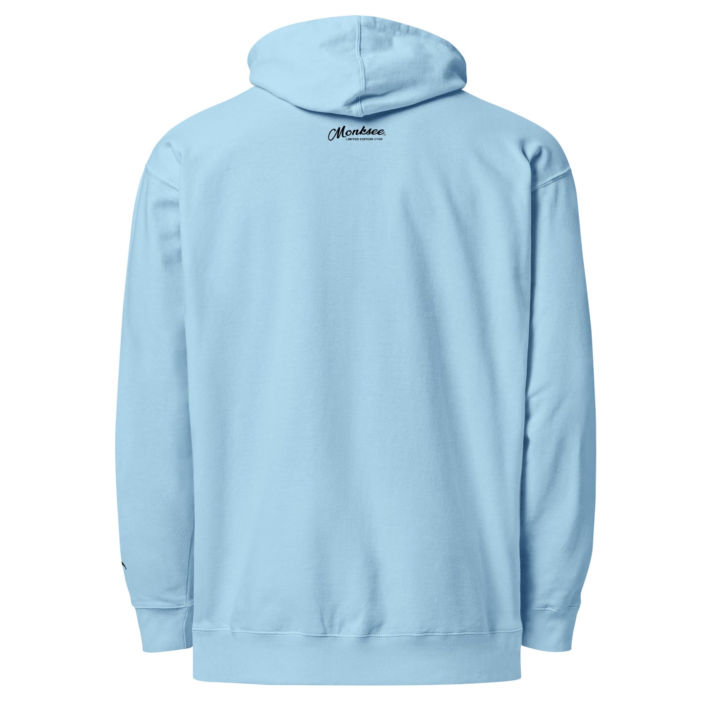 Light blue hoodie with Limited Edition Monksee logo on the back against a white background