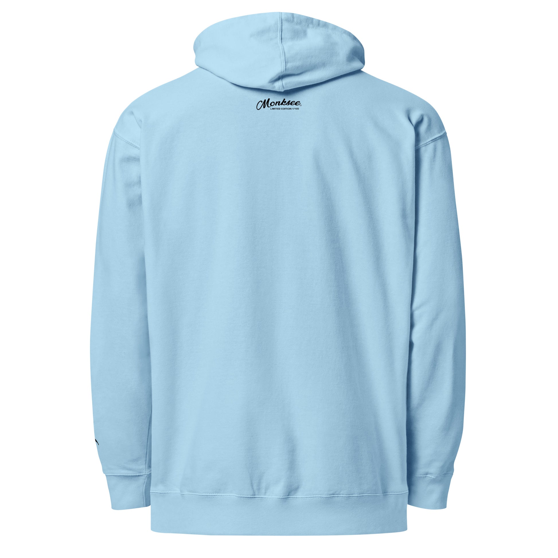 Light blue hoodie with Limited Edition Monksee logo on the back against a white background