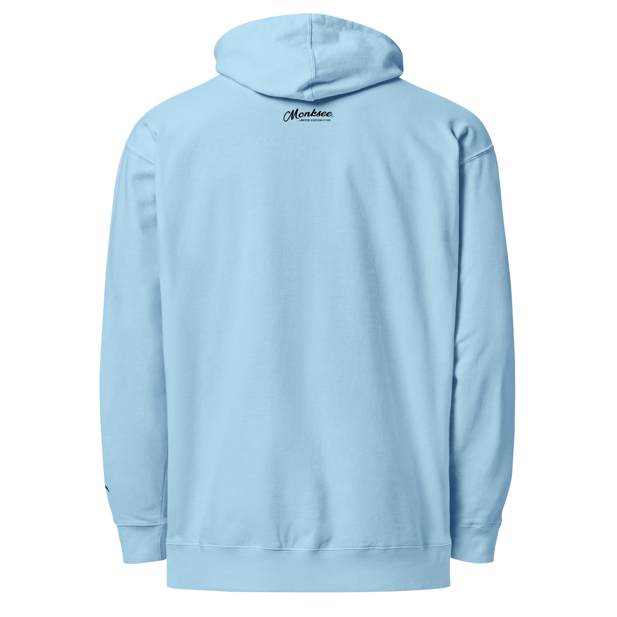 Light blue hoodie with Limited Edition Monksee logo on the back against a white background