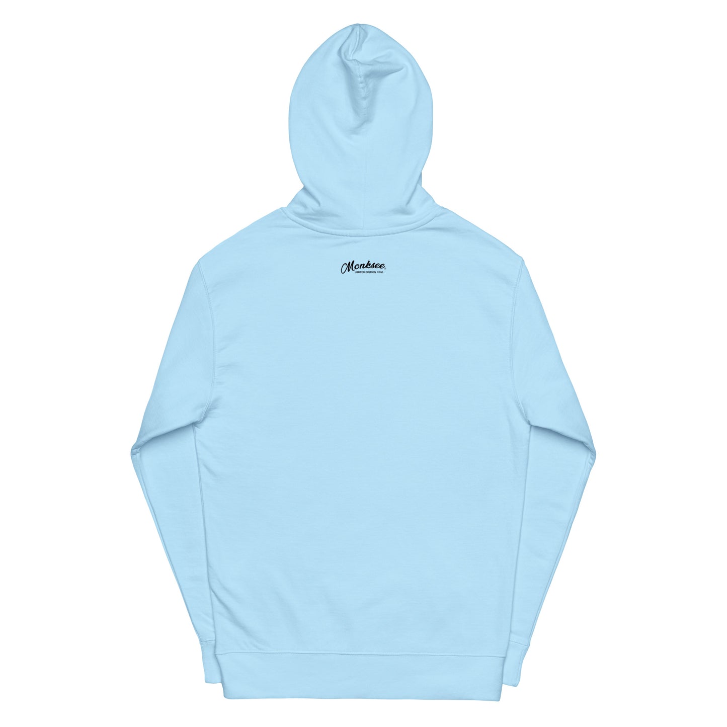 Light blue FU hoodie with Monksee Limited Edition logo on a white background