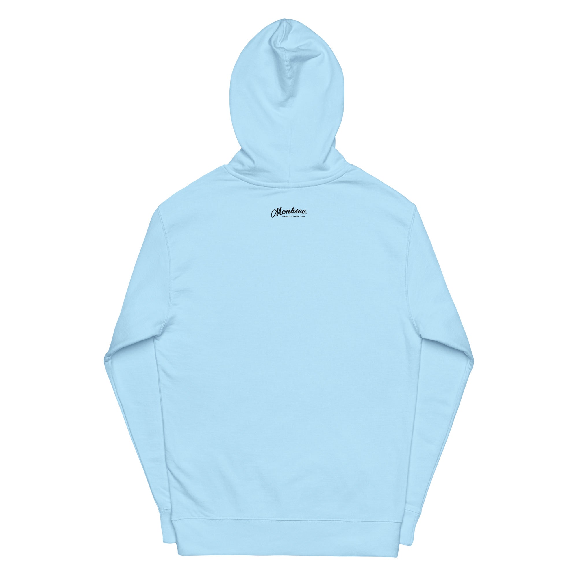 Light blue FU hoodie with Monksee Limited Edition logo on a white background