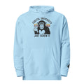 Light blue hoodie with a graphic of a monkey and text on a white background