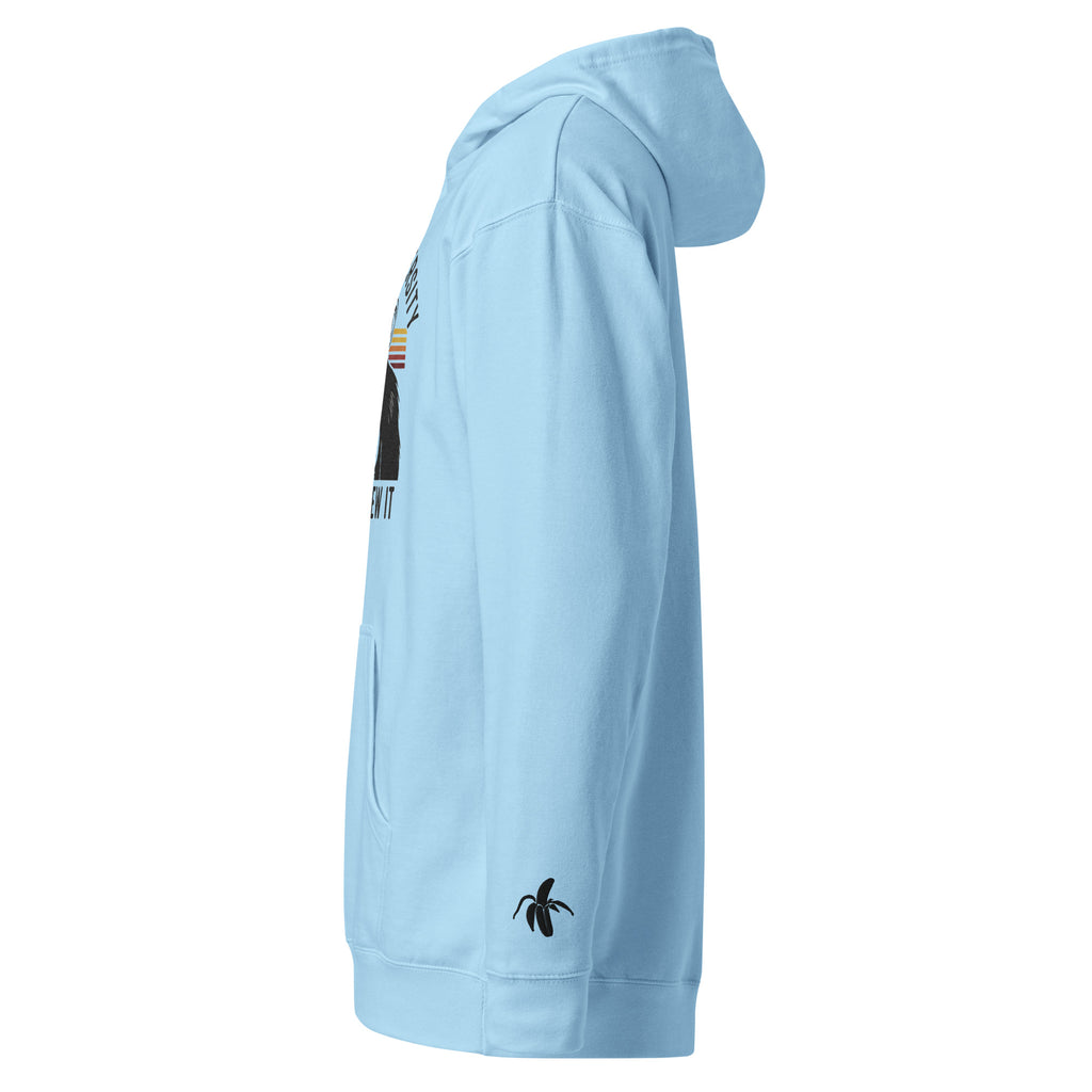 Light blue hoodie with the Monksee banana embroidered on the sleeve against a white background