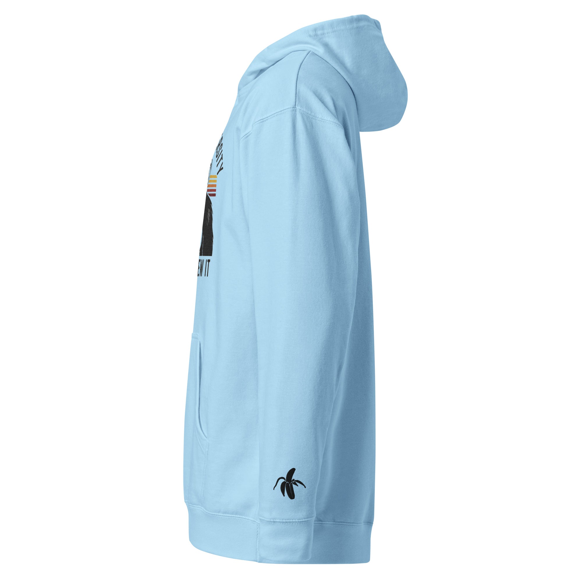 Light blue hoodie with the Monksee banana embroidered on the sleeve against a white background