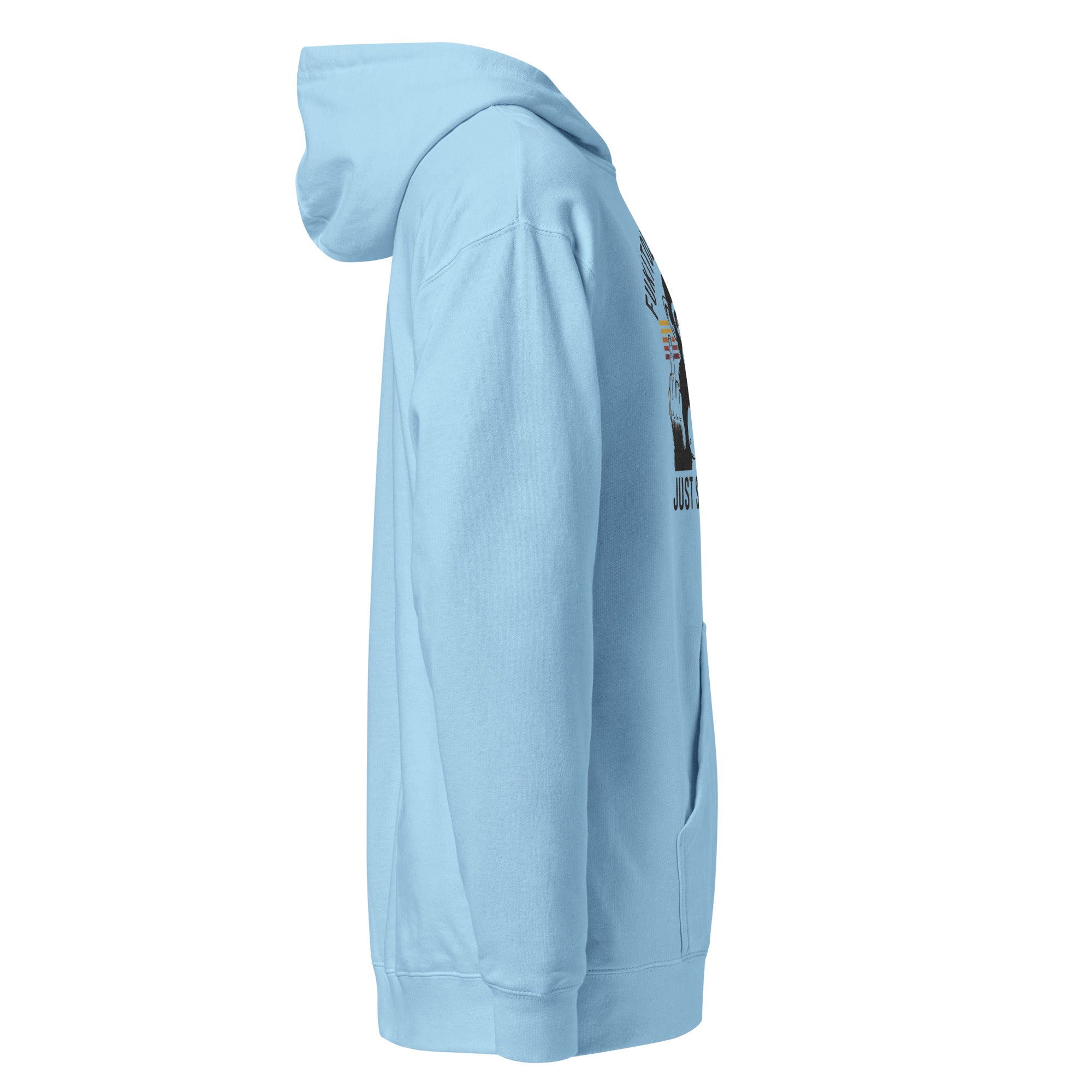 Monksee FU Light blue hoodie from the right side on a white background