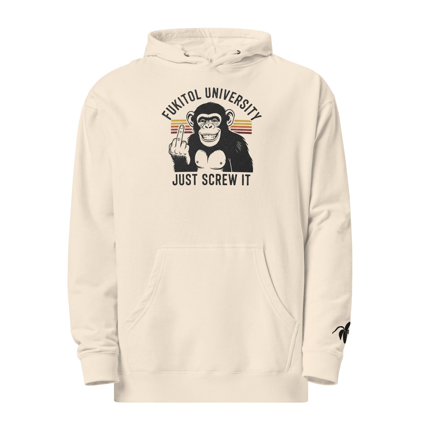 Monksee FU Bone colored hoodie with graphic design of a monkey and text on a white background