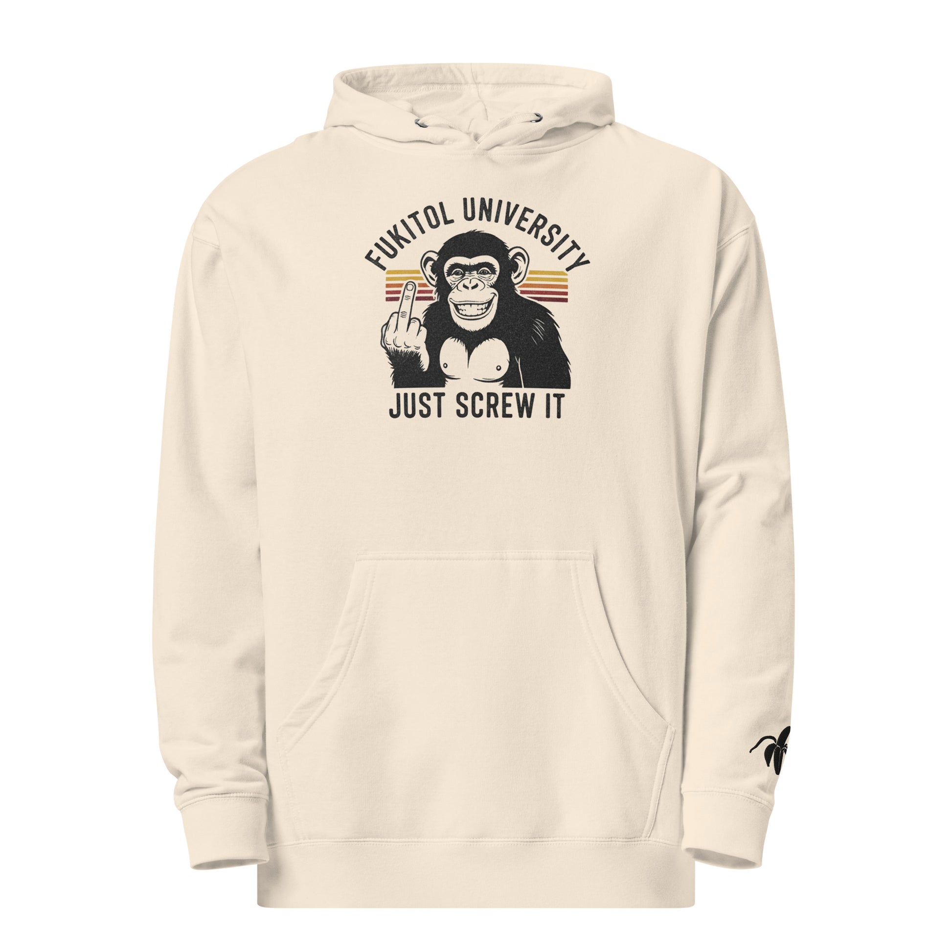 Monksee FU Bone colored hoodie with graphic design of a monkey and text on a white background