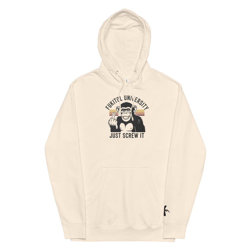 Bone hoodie with graphic design and text on a white background