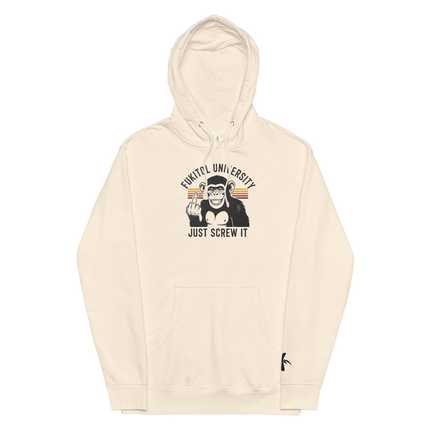 Bone hoodie with graphic design and text on a white background