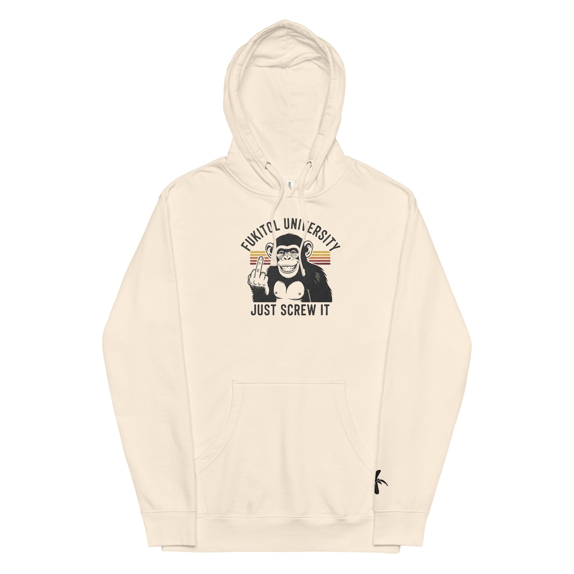 Bone hoodie with graphic design and text on a white background