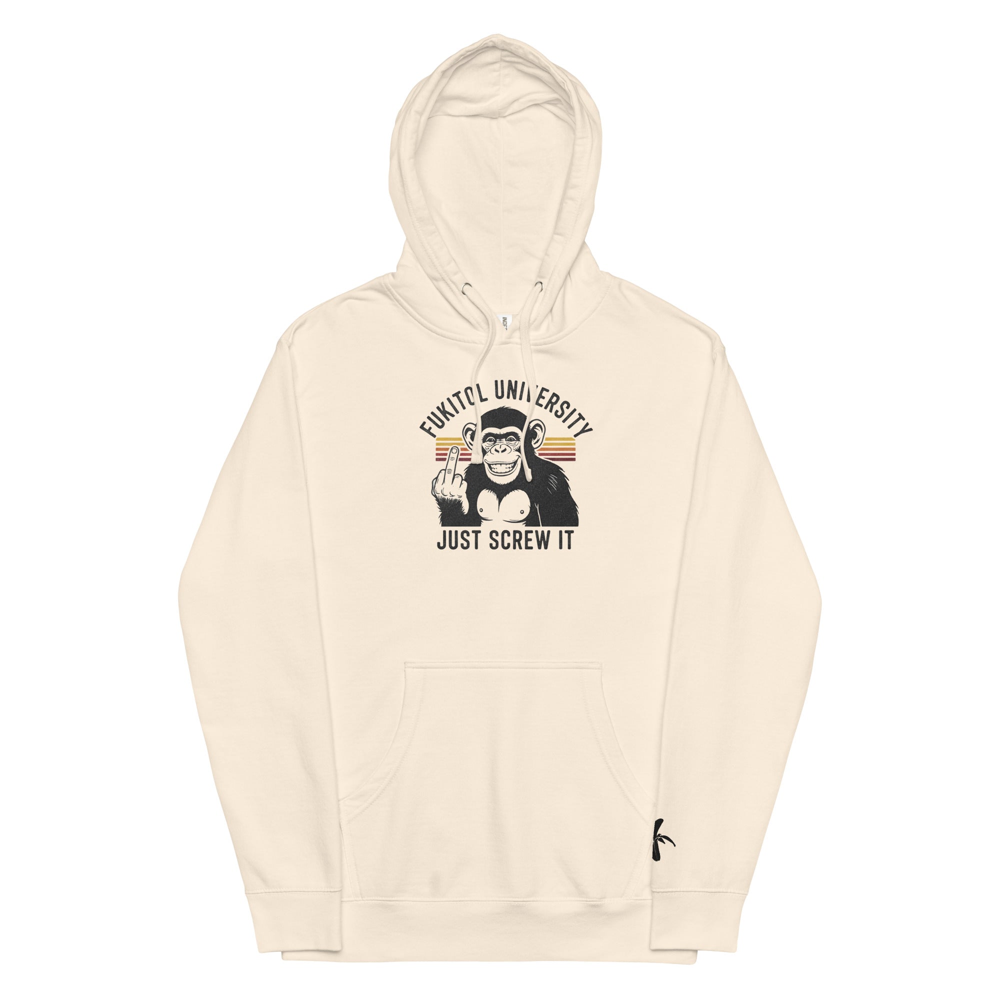 Bone hoodie with graphic design and text on a white background