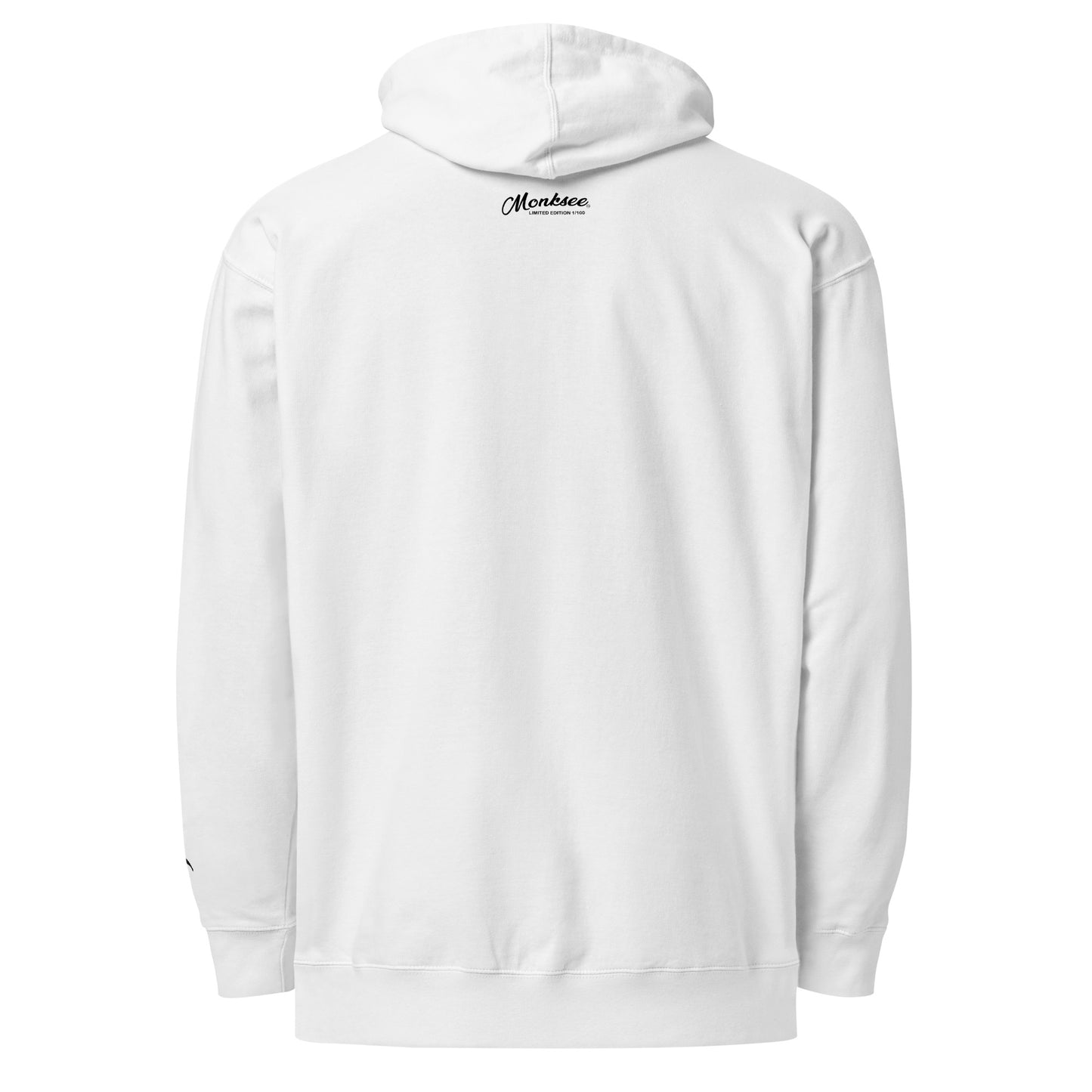 White hoodie with Limited Edition Monksee logo on the back against a white background