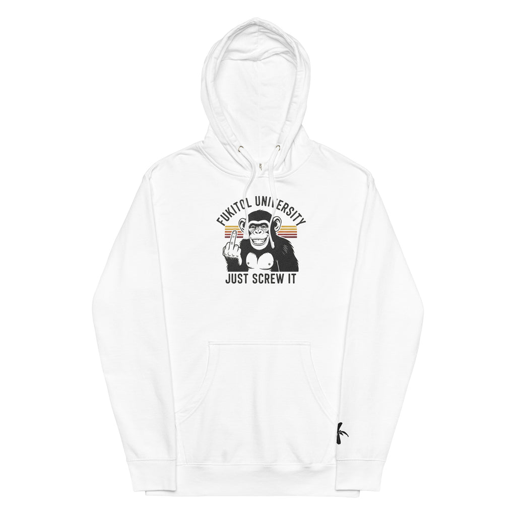White hoodie with graphic design on a white background