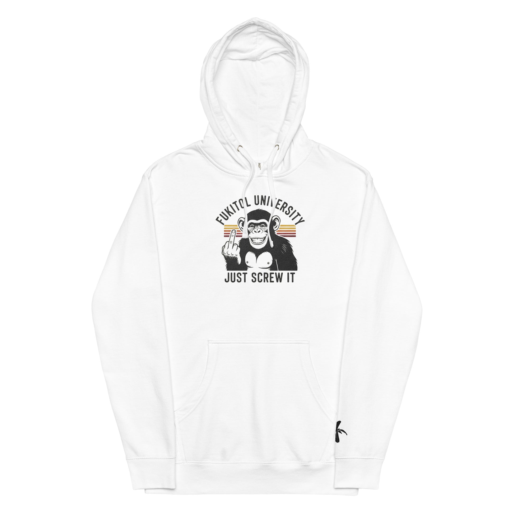 White hoodie with graphic design on a white background