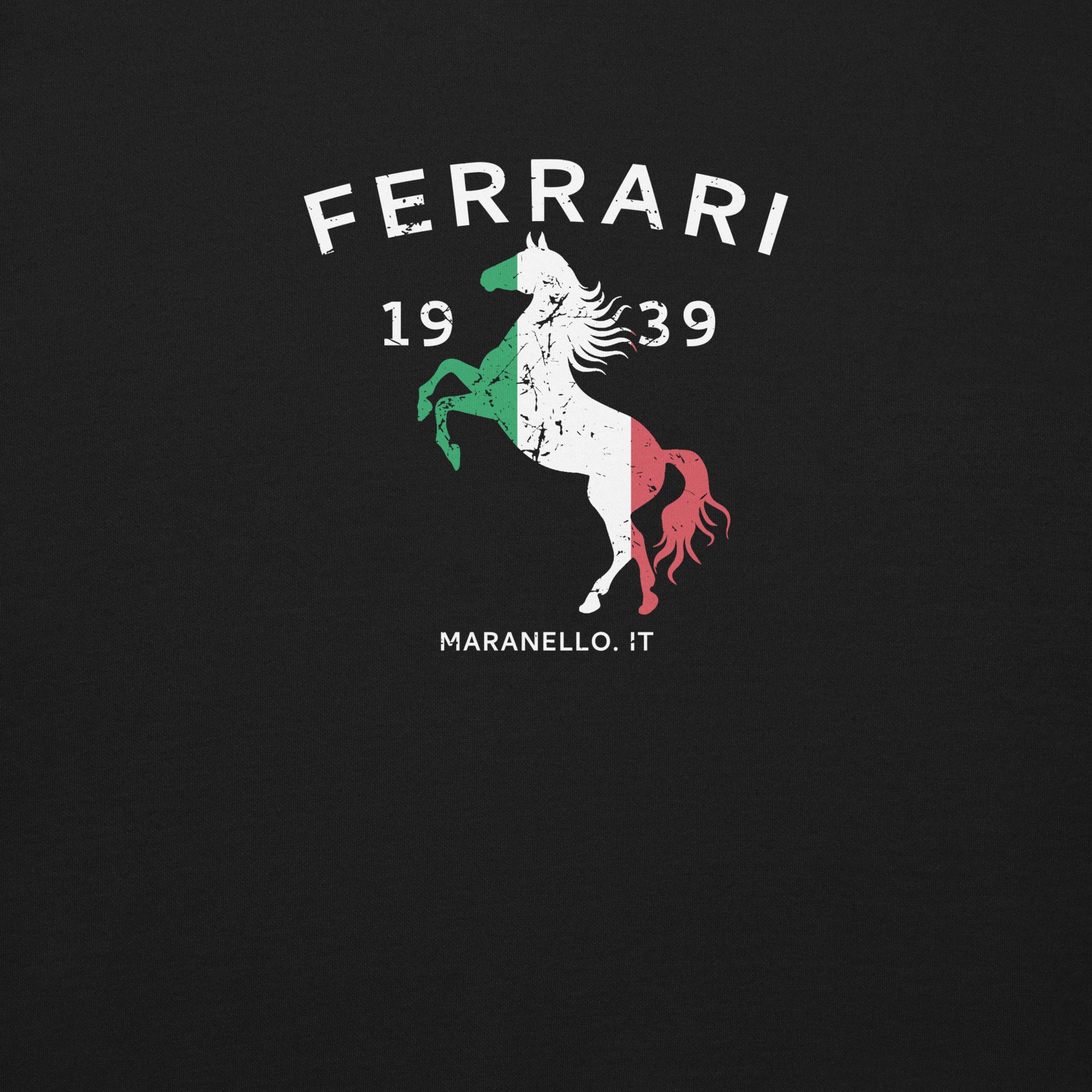 close up of Monksee Ferrari 1935 sweatshirt design on black sweatshirt