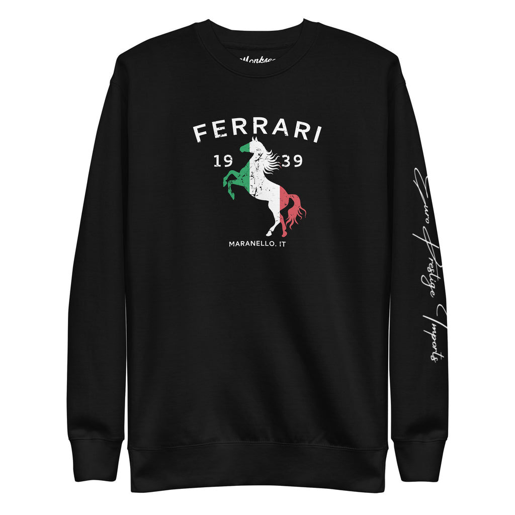 Front of Monksee Ferrari 1939 premium black sweatshirt with limited edition Ferrari design featuring the prancing horse in Italian flag colors. On a white background