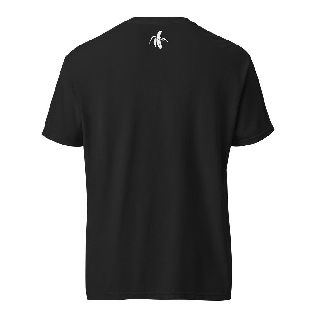 Monksee Black t-shirt with a small white banana logo on the back against a white background