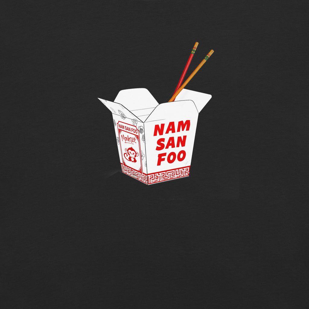Monksee Foo! t-shirt design White takeout box with red text 'NAM SANfoo' on a black background