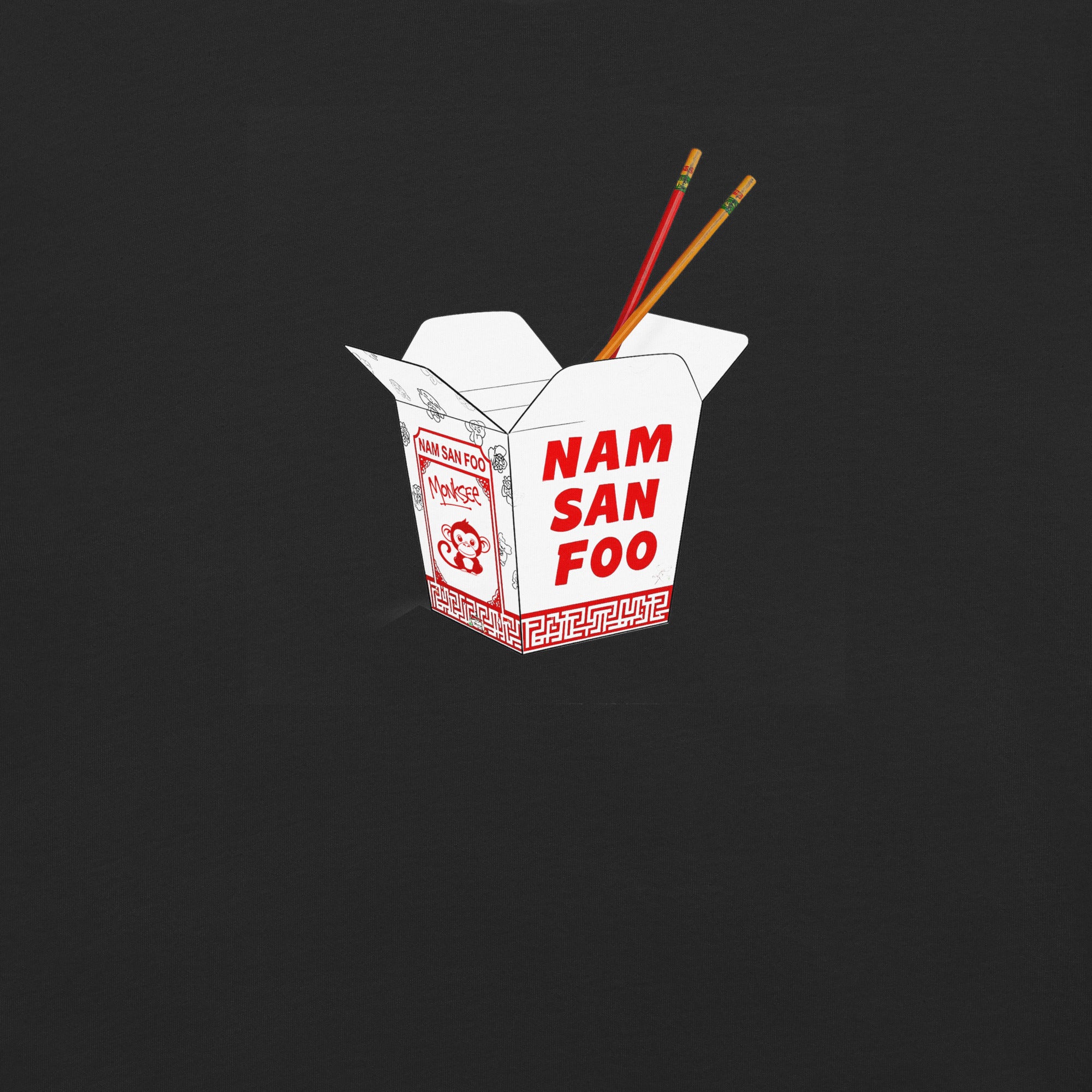 Monksee Foo! t-shirt design White takeout box with red text 'NAM SANfoo' on a black background