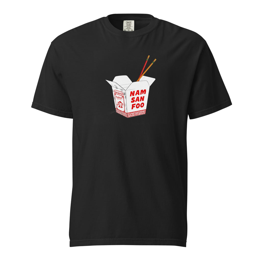 Monksee Black t-shirt with a 'Nam San Foo' Chinese takeout box graphic on a white background