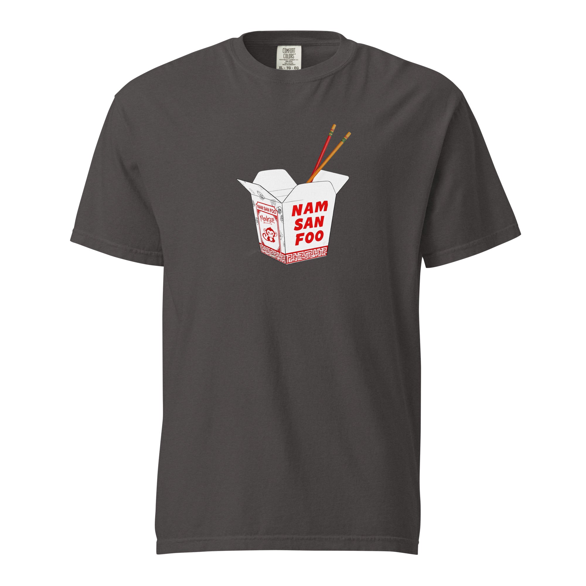 Monksee Dark gray t-shirt with a 'Nam San Foo' Chinese takeout box graphic on a white background