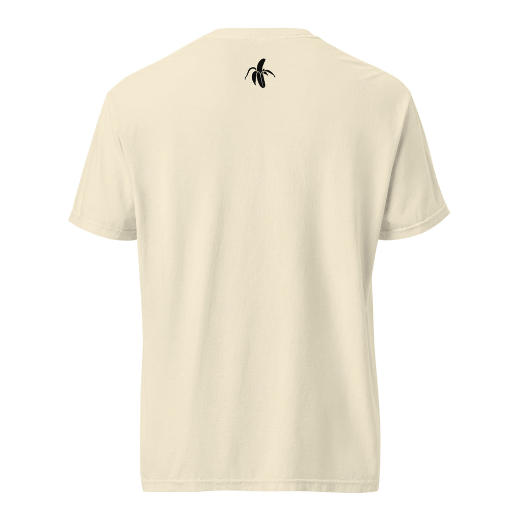 Monksee ivory t-shirt with a black banana logo on the back against a white background