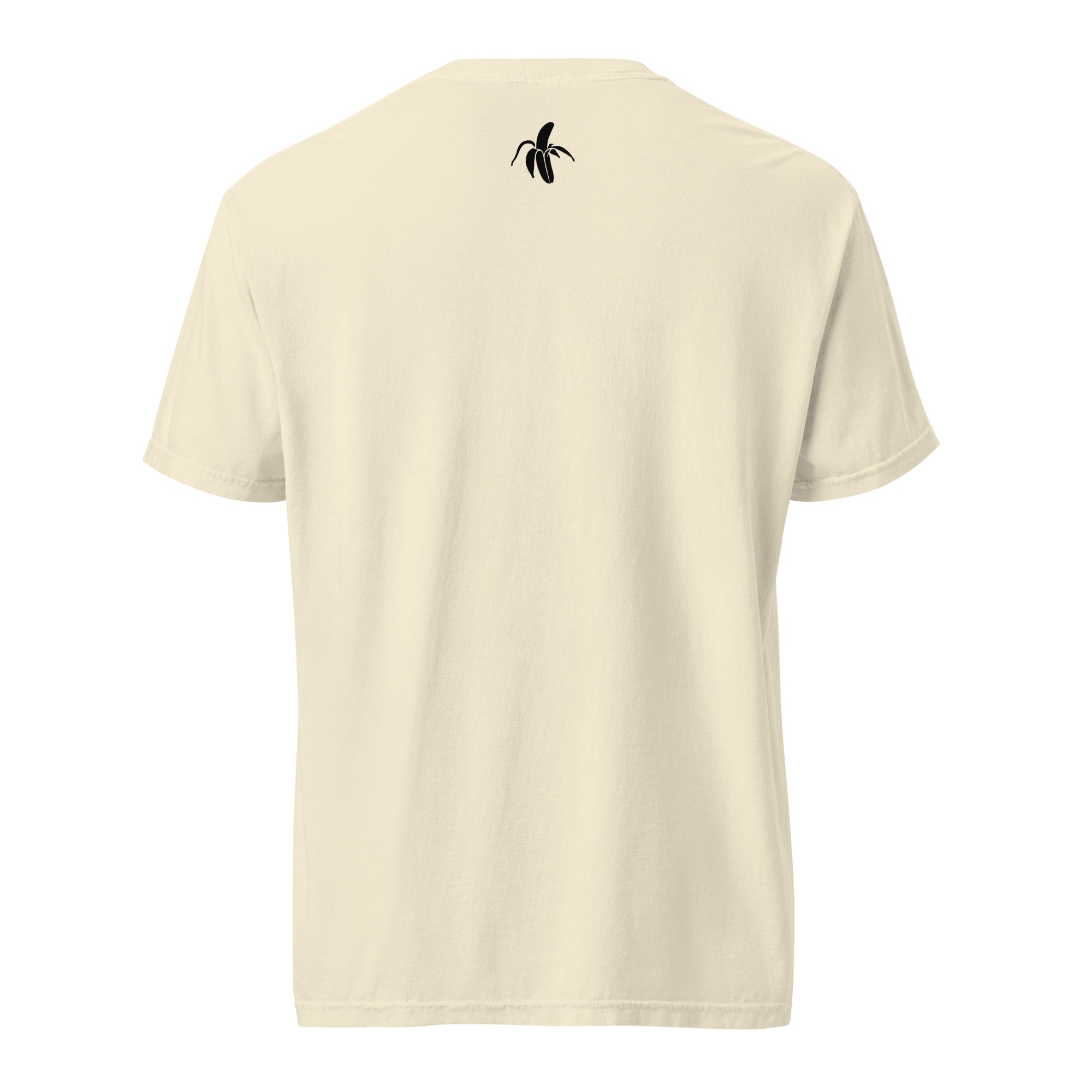 Monksee ivory t-shirt with a black banana logo on the back against a white background