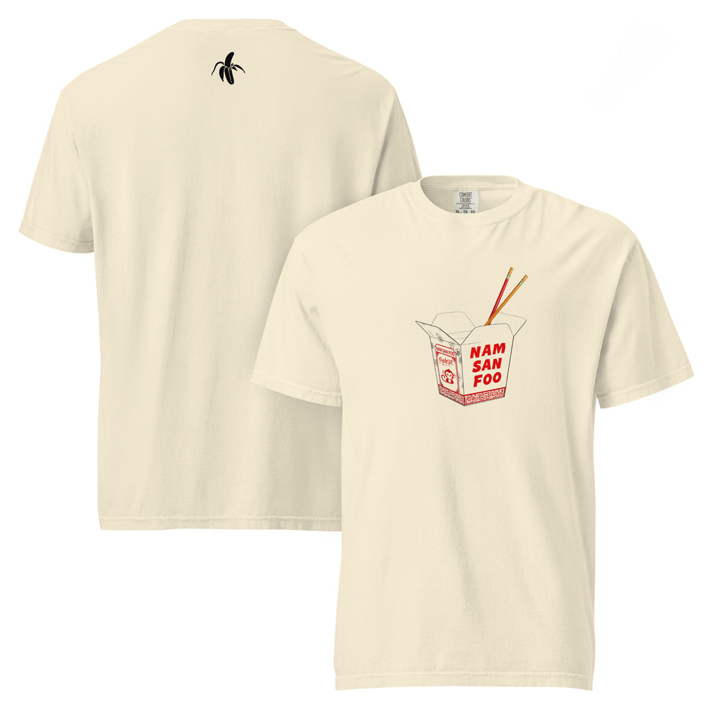 Monksee ivory t-shirt with 'Nam San Foo' box design on front and Monksee banana logo on back on a white background