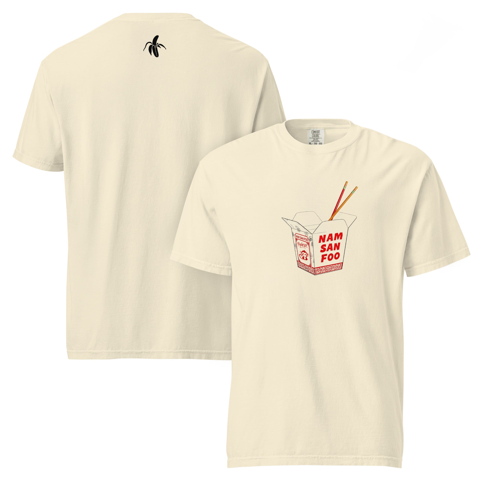 Monksee ivory t-shirt with 'Nam San Foo' box design on front and Monksee banana logo on back on a white background