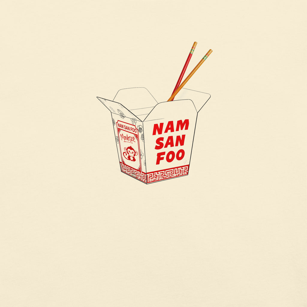 Illustration of a Chinese takeout box with 'Nam San Foo' text on a beige background