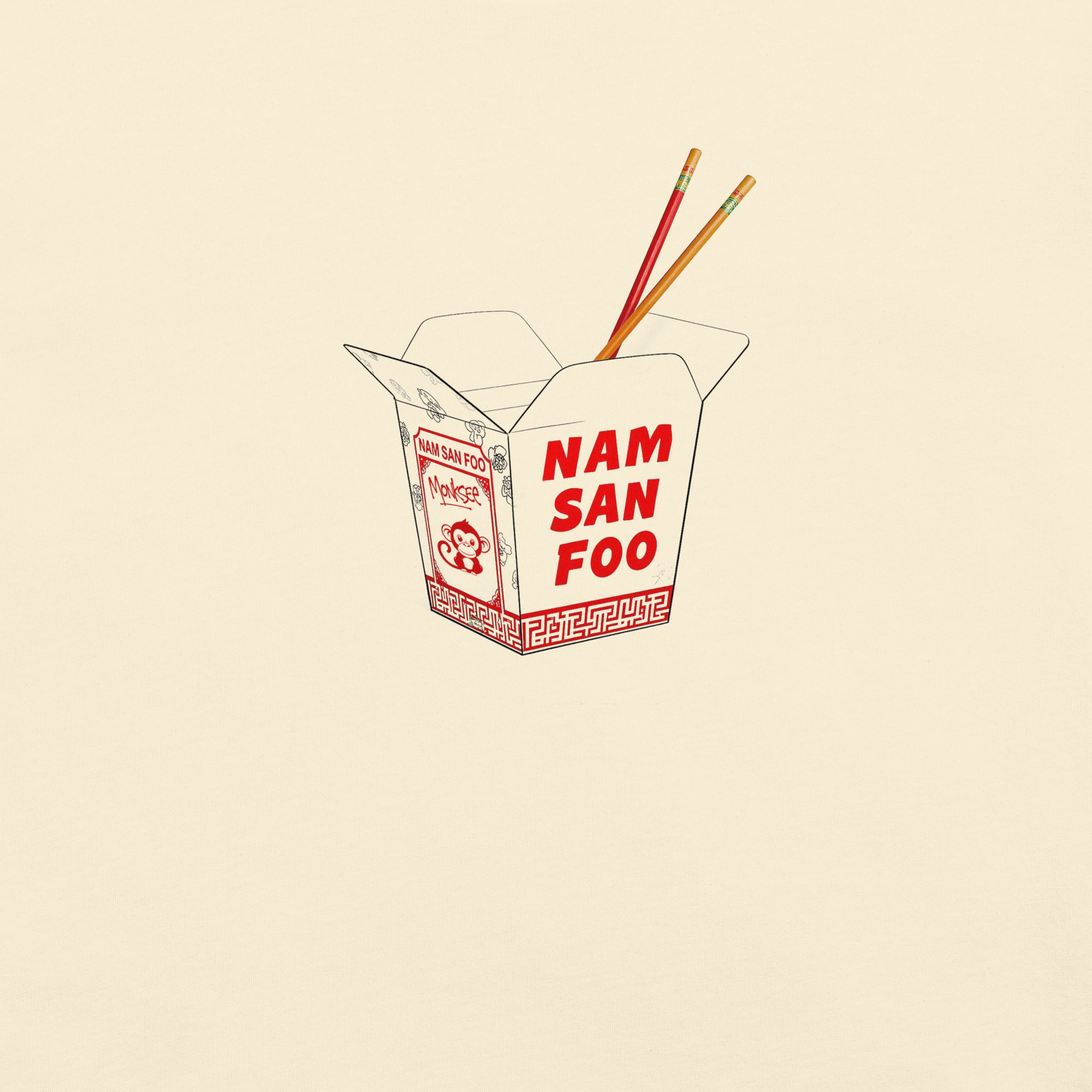 Illustration of a Chinese takeout box with 'Nam San Foo' text on a beige background