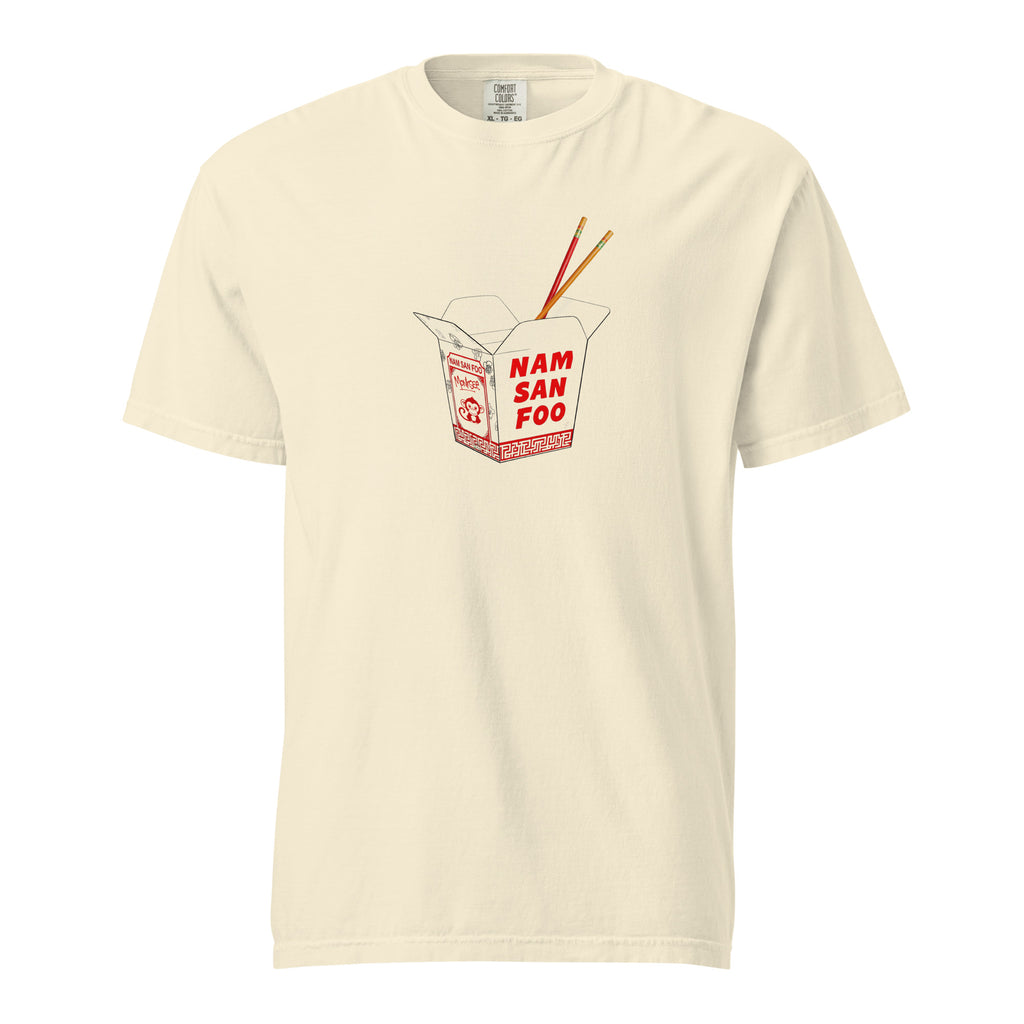 Monksee Ivory t-shirt with a graphic of a Chinese takeout box and chopsticks on a white background