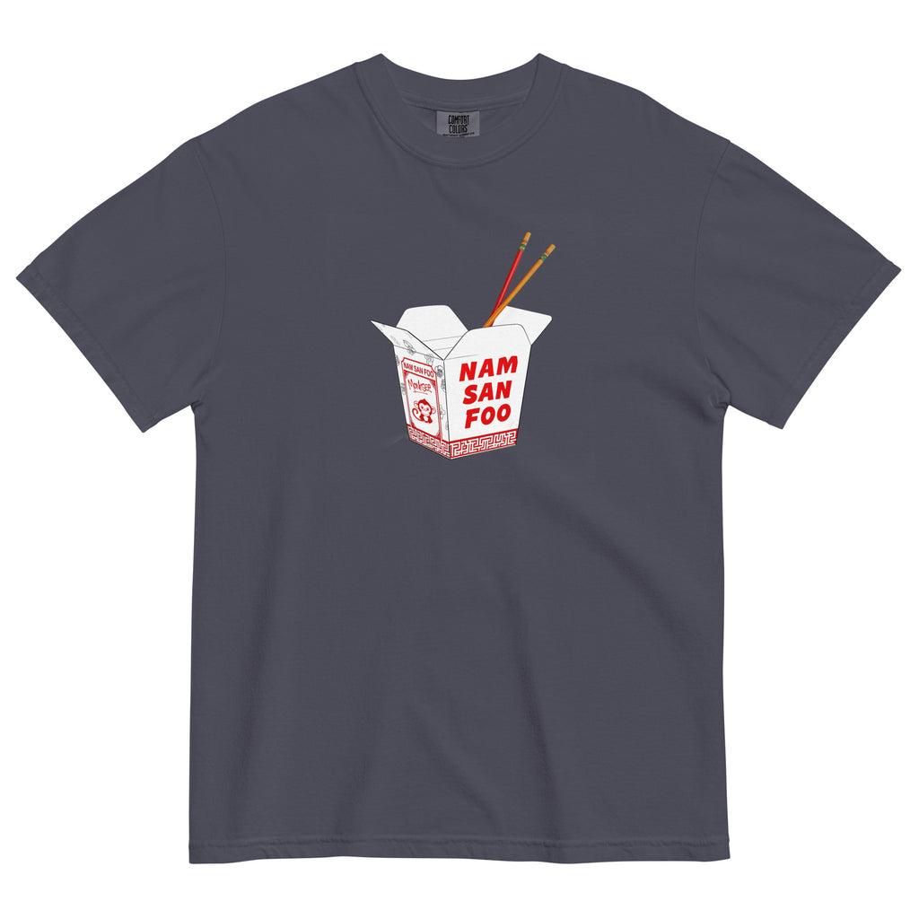Monksee Navy blue t-shirt with a box of Chinese takeout graphic and 'Nam San Foo' text on a white background