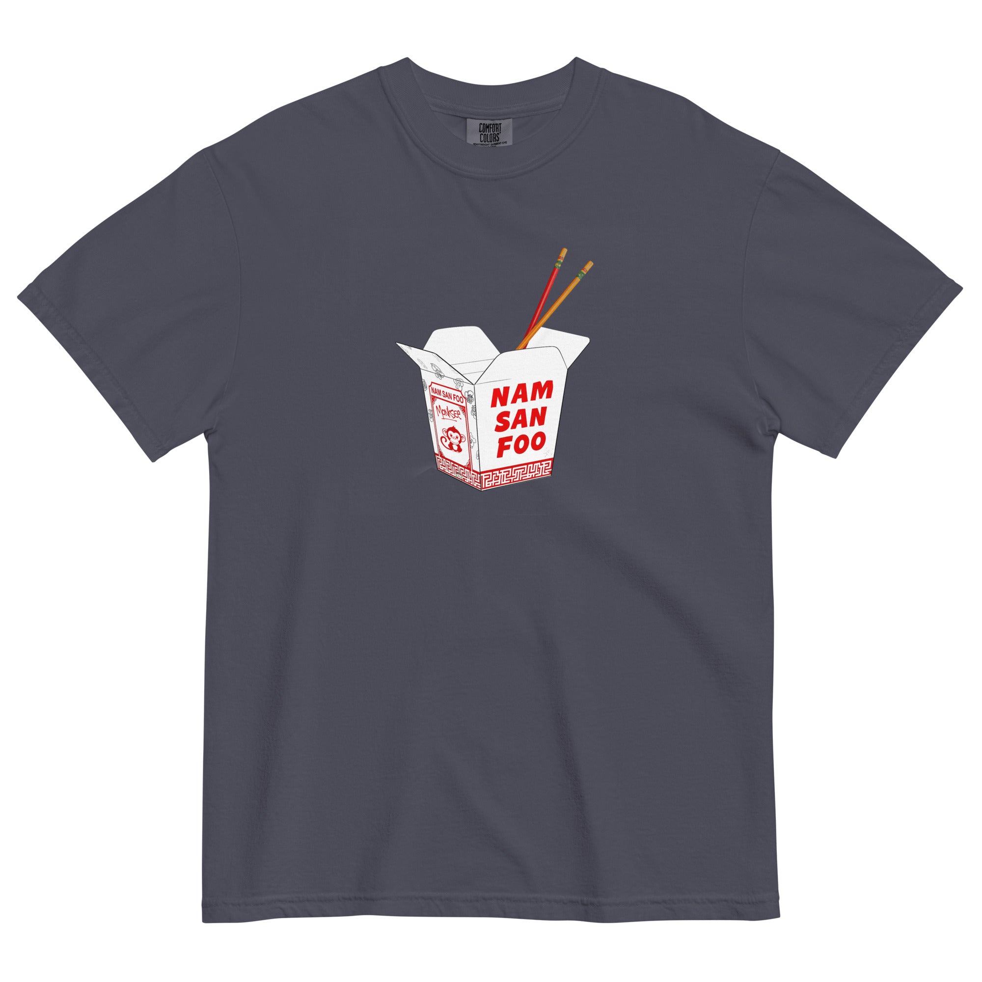 Monksee Navy blue t-shirt with a box of Chinese takeout graphic and 'Nam San Foo' text on a white background
