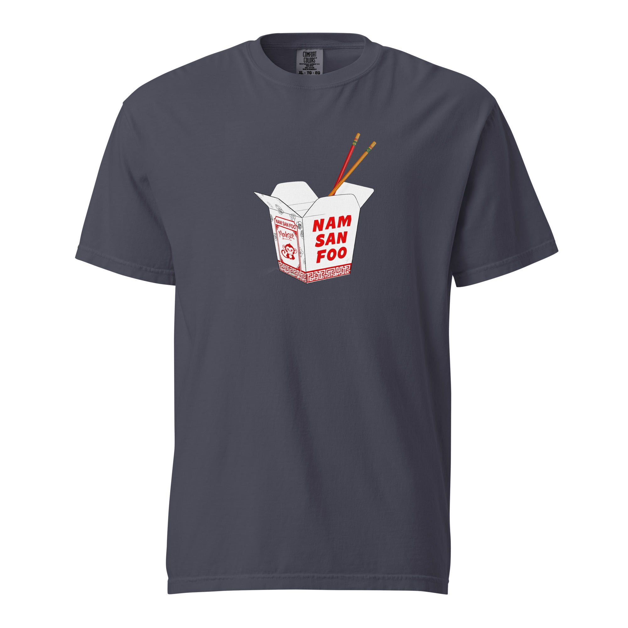 Monksee Navy blue t-shirt with a 'Nam San Foo' box and chopsticks graphic on a white background